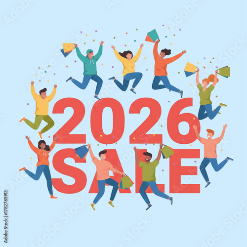 Young People Jumping with Joy Around Giant 2025 Numbers During Exciting New Year Countdown Sale in Flat Vector Illustration with Solid Background

