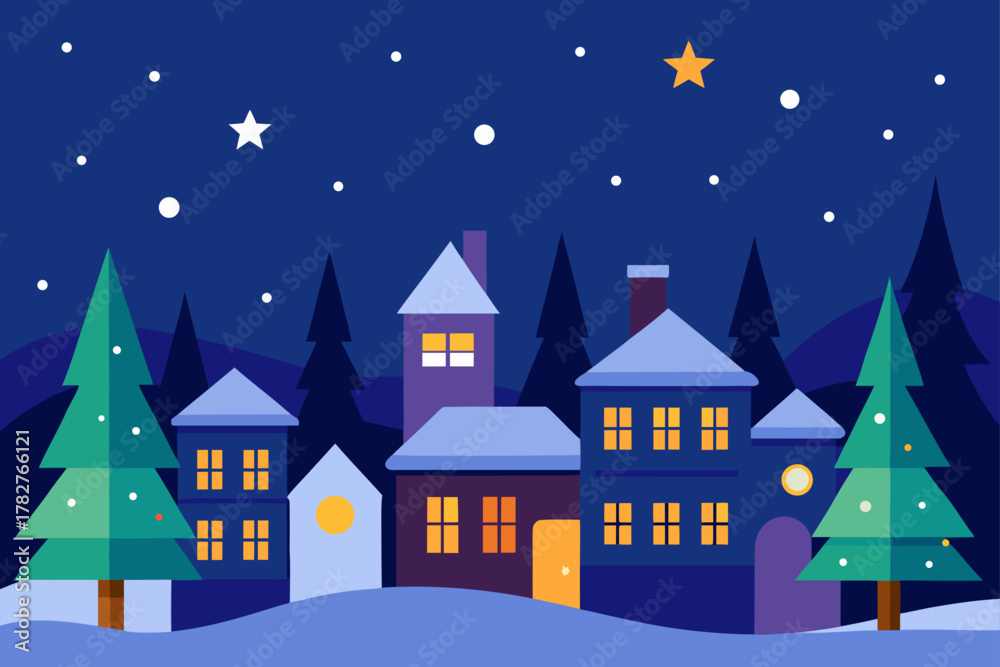 Naklejka premium Vector winter night landscape of a snowy Christmas village scene with houses and trees under a cold sky for a holiday card