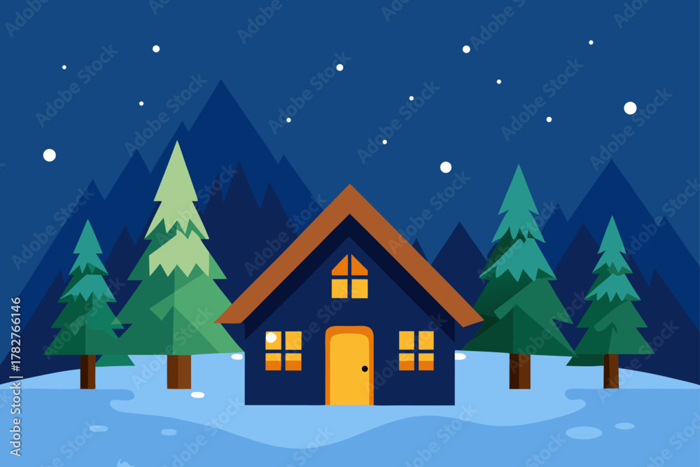 Naklejka premium Cozy Christmas winter landscape illustration featuring a snow-covered village house and forest trees under a starry night sky