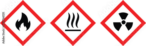Set of hazard warning signs vector. Heat hazard sign, Fire warning sign, Radiation hazard sign