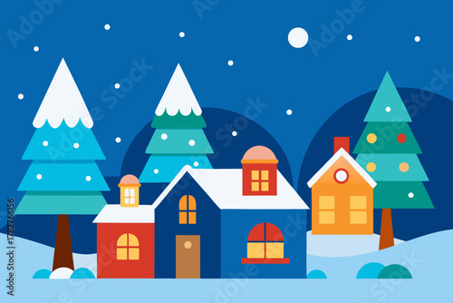 Cold Christmas winter holiday landscape illustration of a snowy village with houses and trees at night, perfect for a greeting card scene