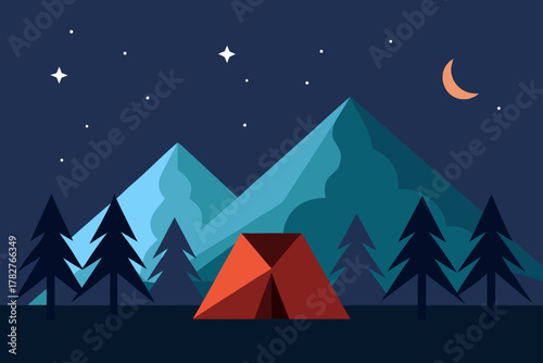 Vector illustration of a tent in a mountain landscape at night with snow and stars