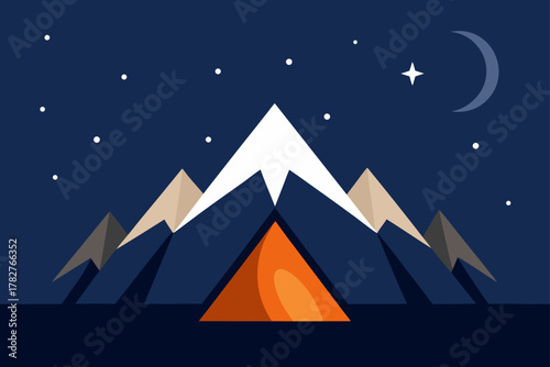 Winter camping illustration: tent on a snowy mountain landscape at night under a starry sky