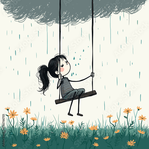 Girl sitting on swing looking up at rain and dark clouds  