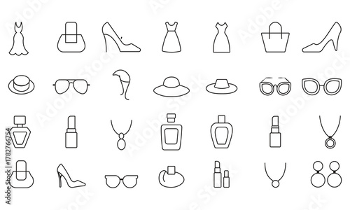 Vector Monochrome Fashion Line Art Icon Set