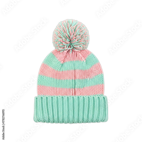 Pink Green Knitted Winter Hat | Pom-Pom Beanie Cap | Cozy Apparel