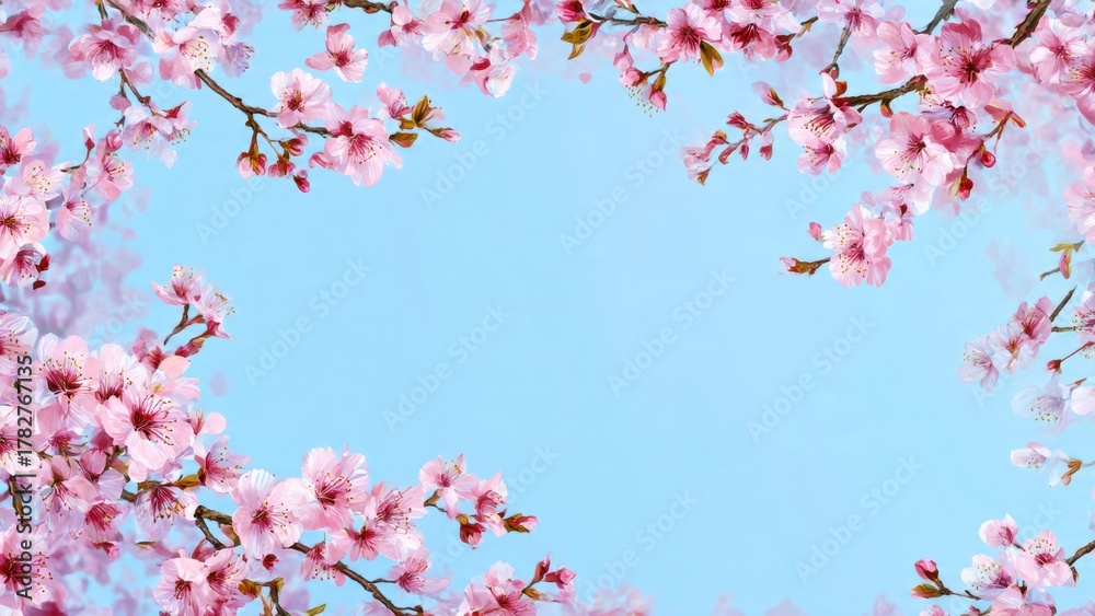 Obraz premium Delicate cherry blossom border with sky blue background