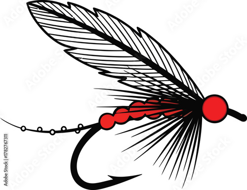 Enticing red and black fly fishing lure, perfect for outdoor sport promotions