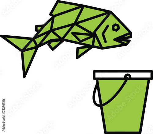 Fresh catch illustration showing stylized fish above bucket in bold geometric design