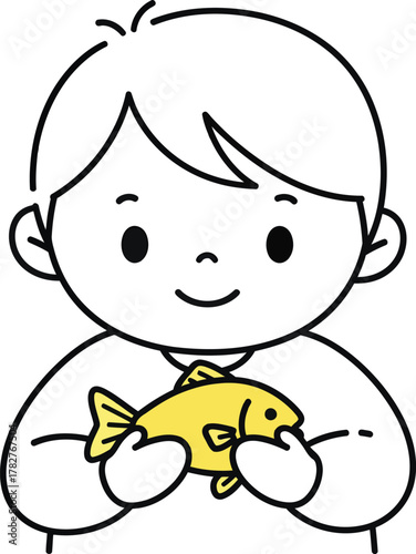 Smiling child lovingly holds a golden fish tightly in their hands, charming illustration