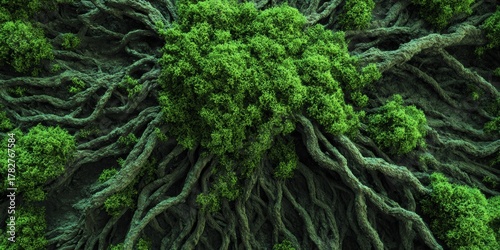 Overgrown roots and lush green foliage intertwine creating a dense natural pattern texture and organic growth