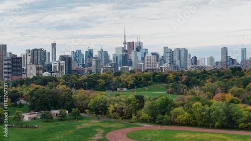 Beautiful drone view of the Riverdale Park and the downtown Toronto skyline looking southwest in autumn, Ontario, Canada. Toronto architecture and skyscrapers.