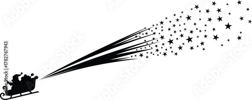 Silhouette of santa claus in sleigh with reindeer and stars christmas, holiday, and magical atmosphere