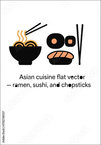 Asian Cuisine Flat Vector — Ramen, Sushi, and Chopsticks Illustration