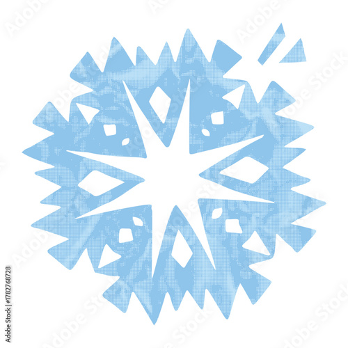Light blue snowflake cut out of crumpled paper with halftone dotted texture. Snow flake vintage sticker. Modern retro vector illustration for mixed media design isolated on transparent background