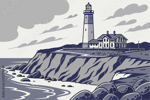“Montauk Point lighthouse and cliffs, moody vector”
