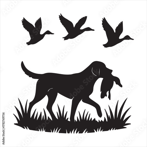 Illustrative hunting scene featuring wildlife a dog running with a crow in his mouth isolated on transparent background