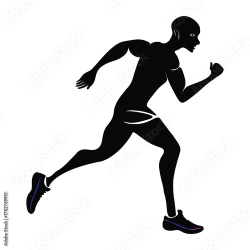 Silhouette of a muscular man running fast on a white background