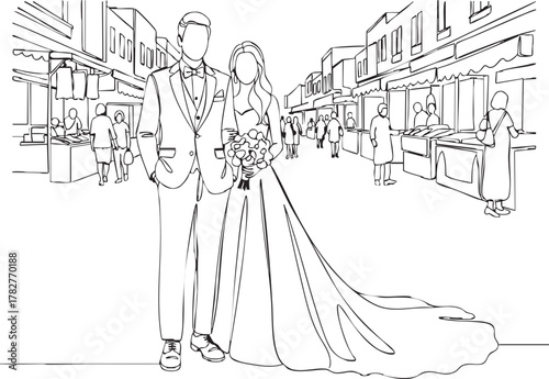 Elegant wedding couple strolling through vibrant street market on their special day in minimalist line art design celebrating love