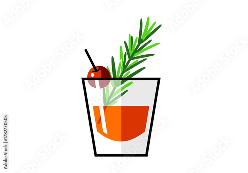 Cocktail with rosemary sprig and cherry in glass  