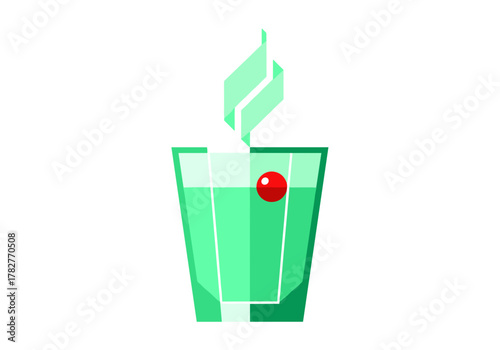 Mint green cocktail in a glass with cherry garnish and steam  