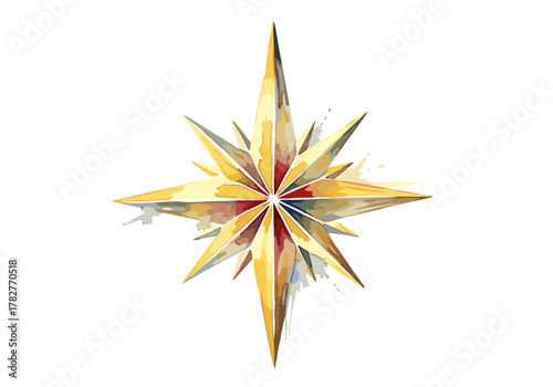 Epiphany star ornament in watercolor style with gold and red accents  