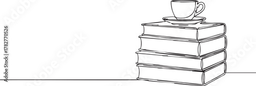 Elegant outline drawing of books stacked with coffee cup conveys knowledge, learning, and relaxation in a modern style
