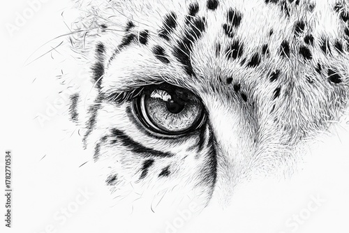 Detailed close-up of cheetah eye in black and white sketching style