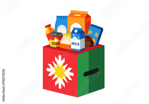 Holiday food donation box filled with various canned and packaged items  