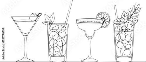 Elegant line art of classic cocktails for sophisticated bar menus and stylish summer party invitations, perfect for print and web design
