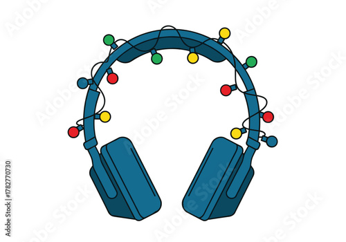 Headphones adorned with colorful holiday lights for festive music  