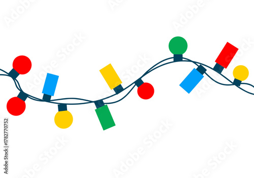 Colorful holiday string lights on white background  