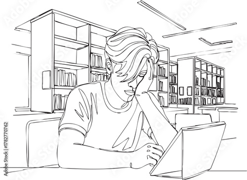 Stressed student studying late at the library with his laptop, feeling overwhelmed by the workload and pressure of upcoming exams
