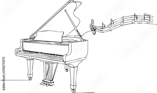Elegant line art of a grand piano with floating musical notes creates a classic, artistic ambiance for music lovers and design enthusiasts