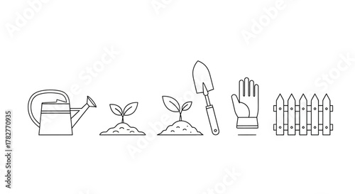 Gardening Icons Watering Can Sprouts Shovel Glove and Fence. Vector Illustrations. EPS Editable