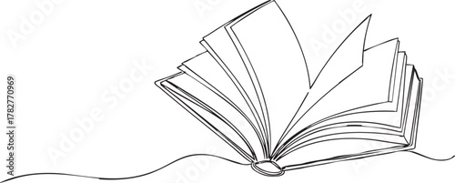 Open book with turning pages offers a world of knowledge and stories to explore in this minimalist line art design