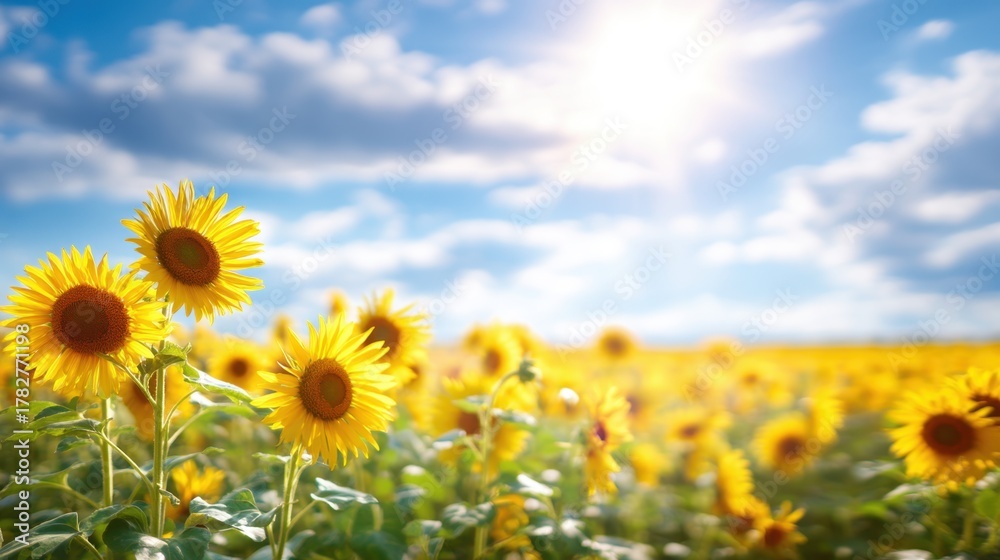 Fototapeta premium Bright Sunflowers Blooming Under Clear Blue Sky with Fluffy Clouds and Sunlight Beaming in Beautiful Nature Landscape Scene