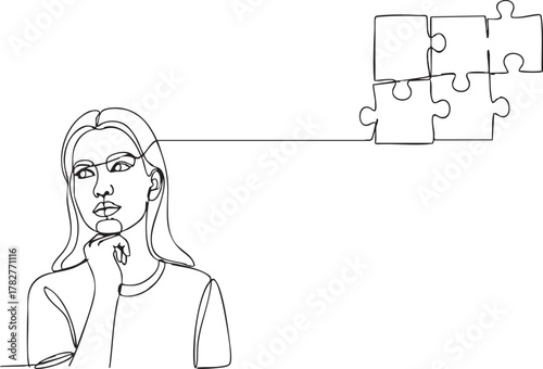 Elegant line art of thoughtful woman connecting ideas like puzzle pieces for creative solutions and innovative thinking process