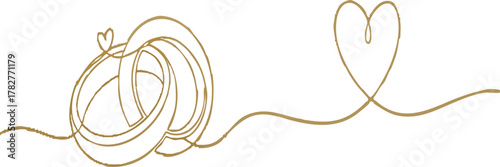 Elegant wedding rings and heart in a single line drawing expressing love and commitment in a minimalist modern design concept
