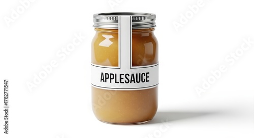 A glass jar of applesauce with a simple white label and a silver lid, isolated on a clean white background.