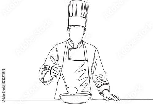 Professional chef stirring delicious soup in a bowl with a ladle in one line drawing for restaurant branding or menu design