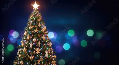 Decorated Christmas tree with glowing lights and ornaments against a dark background. A festive close-up conveys a warm and inviting holiday mood. Holiday cheer, seasonal celebration, winter holidays.
