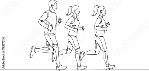 Dynamic line drawing of runners training together for marathon race in stylish minimalist design for health and fitness campaigns