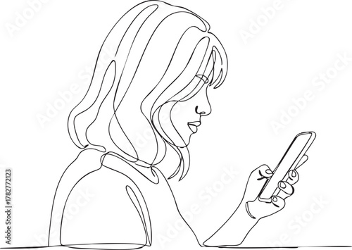 Elegant line art of a young woman using her phone, connecting, communicating, and browsing in a modern, minimalist style