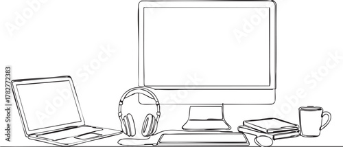 Modern workspace line art with laptop, monitor, and headphones perfect for creative professionals or designers seeking inspiration