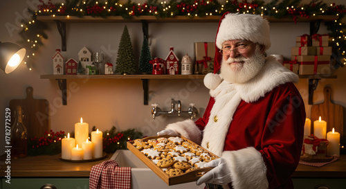 Santa Claus holds a tray of homemade cookies in a warm kitchen. A festive scene of holiday cheer and generosity. Christmas spirit, baking traditions, seasonal happiness.