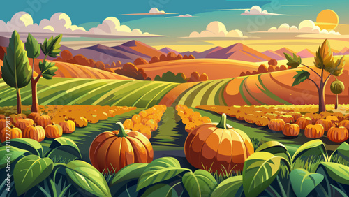 Very beautiful pumpkin and soybean field ready for harvest in southern Maryland near Leonardtown, featuring bright orange pumpkins, golden soybean rows, warm sunlight, and a realistic rural agricultur