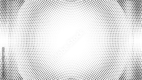 Abstract halftone radial pattern with smooth dotted gradient effect forming a bright center focus, modern minimal black and white background ideal for graphic design and digital compositions