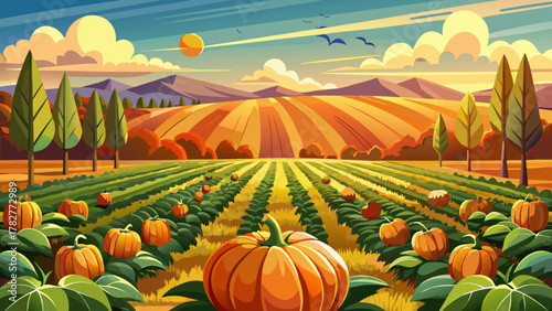 Very beautiful pumpkin and soybean field ready for harvest in southern Maryland near Leonardtown, featuring bright orange pumpkins, golden soybean rows, warm sunlight, and a realistic rural agricultur
