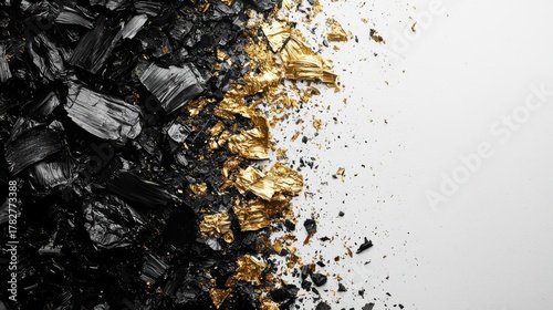 A stunning contrast of black coal and shiny gold flakes, creating a visually striking texture and composition.